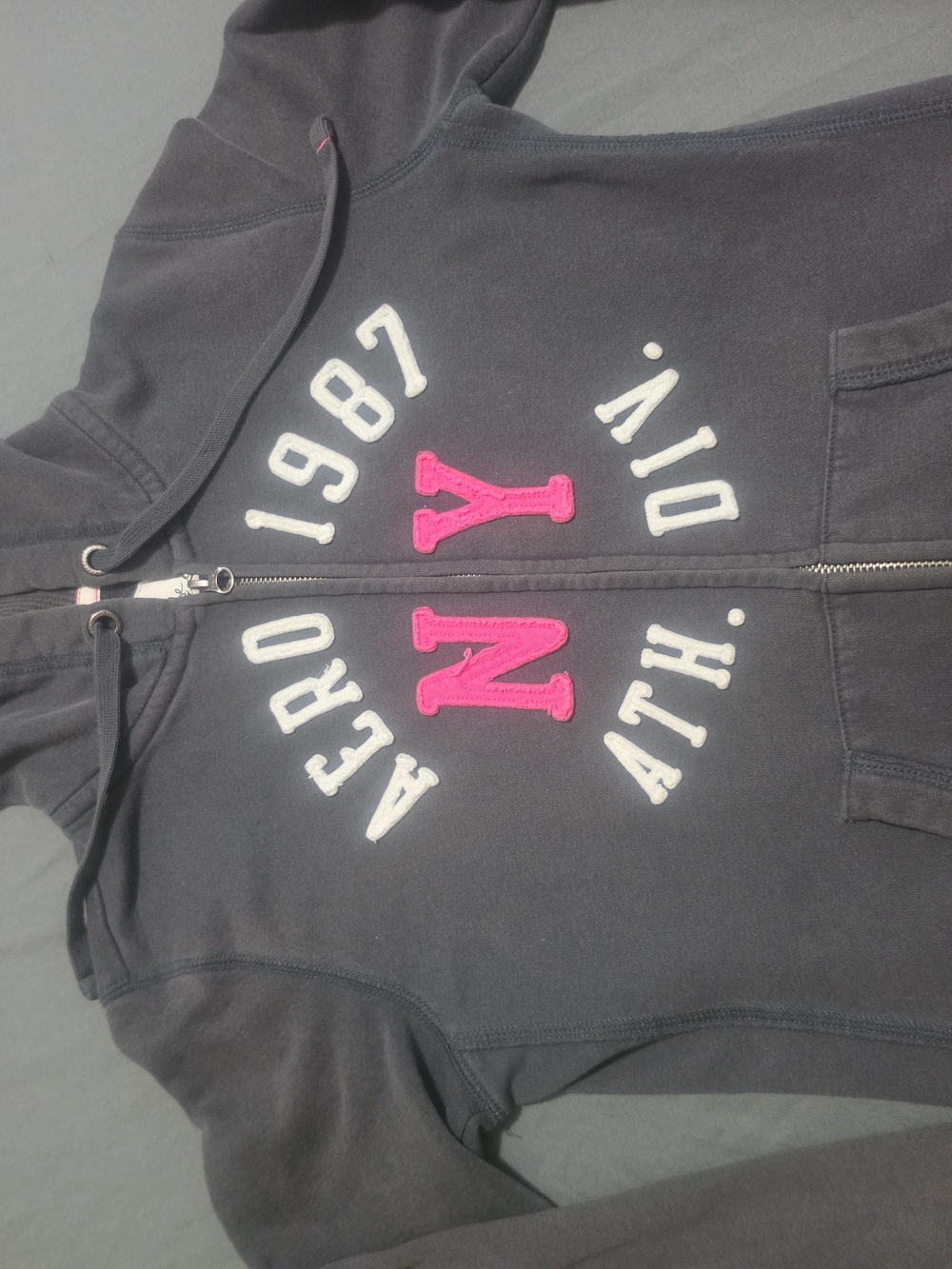 Aeropostale Charcoal Gray Zip Hoodie with Bright Pink 'N' Logo